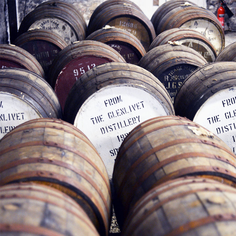 An assortment of casks from the Glenlivet Distillery